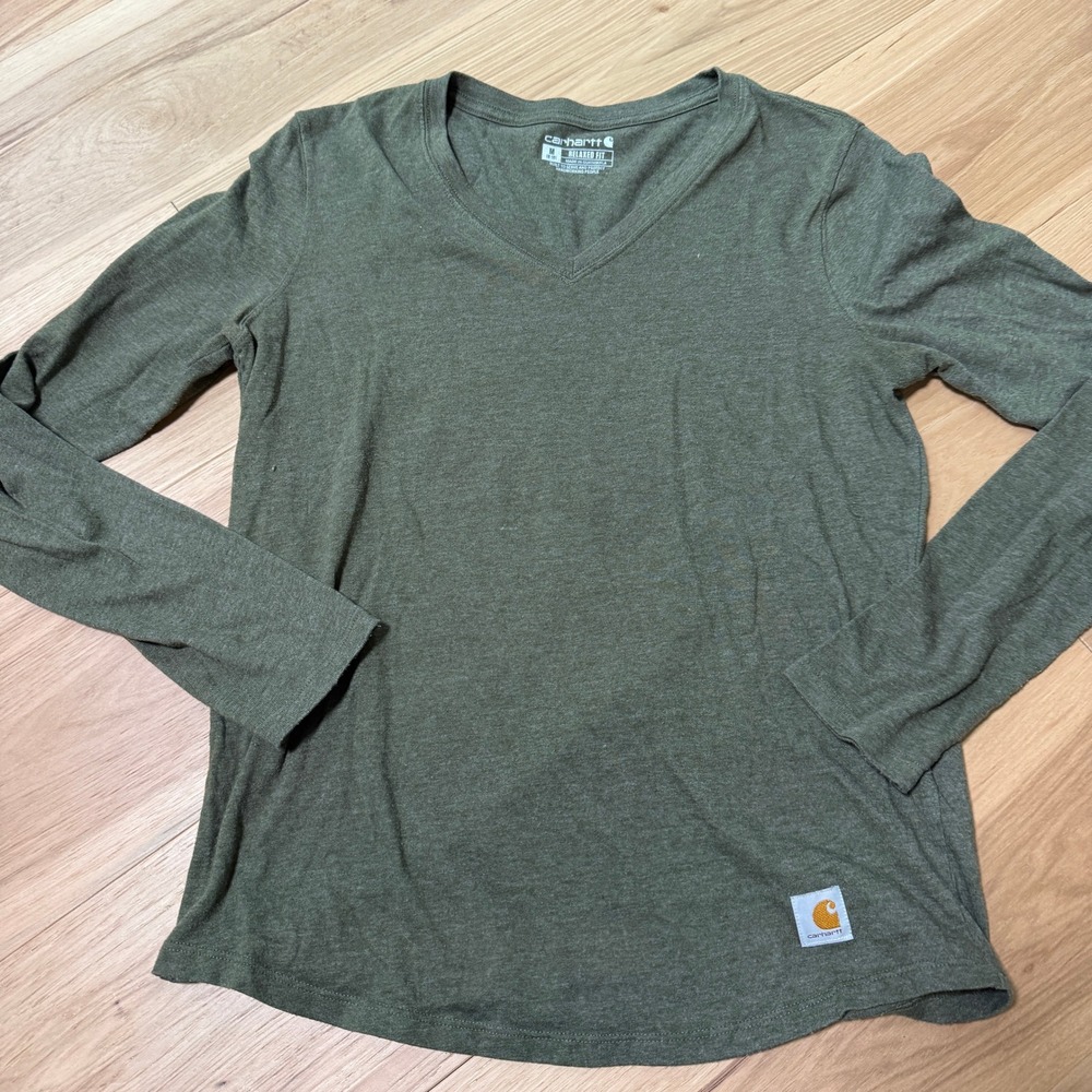 Carhartt Long Sleeve Tee Womens Medium Green Relaxed Fit V-Neck 104407 G73